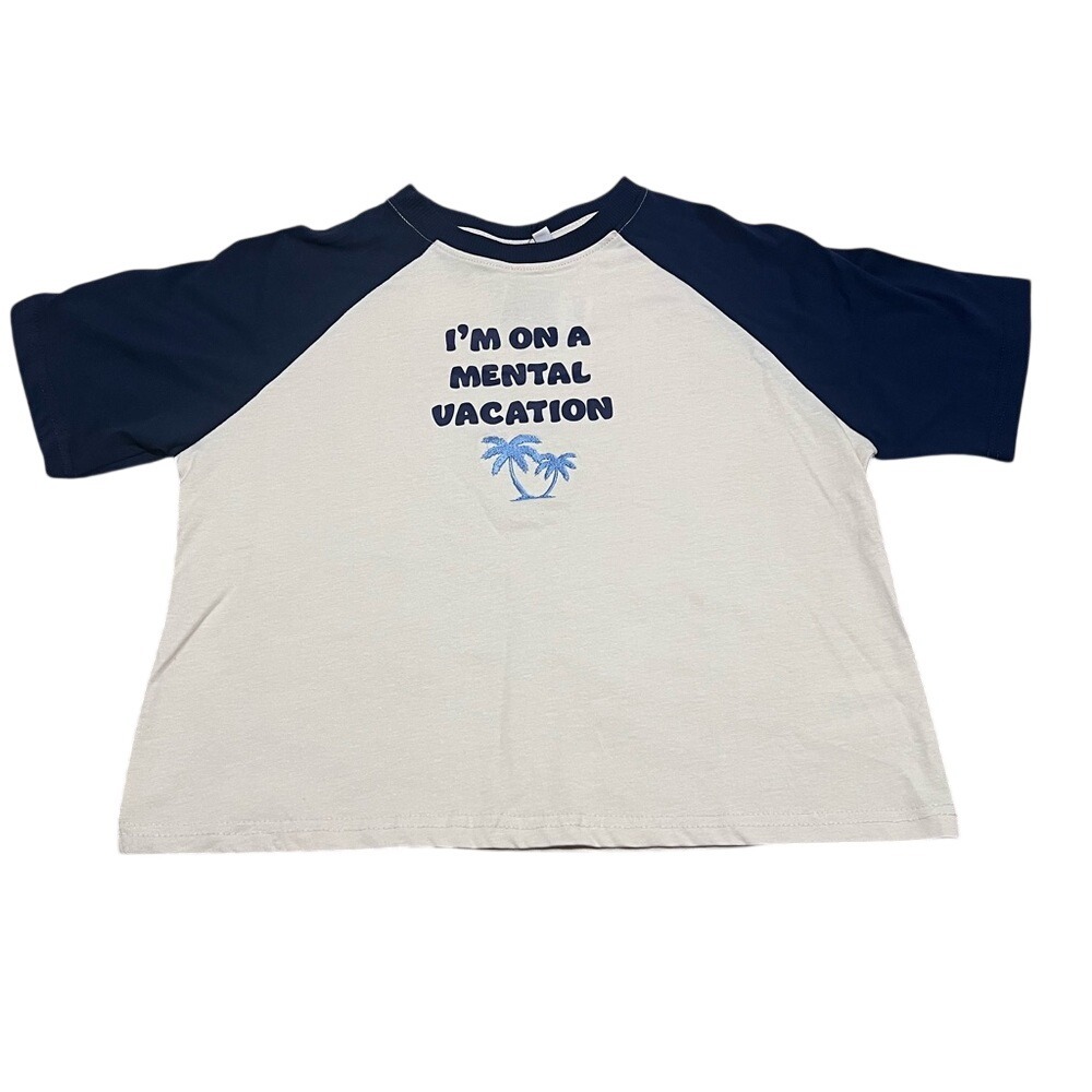 Daisy Street Mental Vacation Raglan Graphicβ Tee Navy Blue Cream XS NWT Cropped